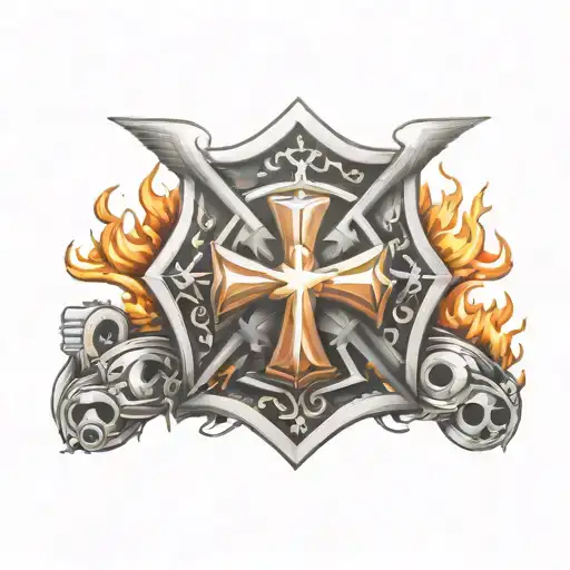 Maltese cross fire department badge surrounded by a cross, dove and fire tattoo design idea