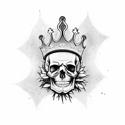 five skulls in a net, one with laurels as a crown, one with a metal crown, one with a plume, one with a crown of thorns  tattoo design idea
