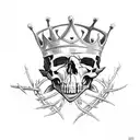 five skulls in a net, one with laurels as a crown, one with a metal crown, one with a plume, one with a crown of thorns  tattoo design idea