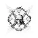 five skulls in a net, one with laurels as a crown, one with a metal crown, one with a plume, one with a crown of thorns  tattoo design idea