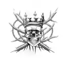 five skulls in a net, one with laurels as a crown, one with a metal crown, one with a plume, one with a crown of thorns  tattoo design idea