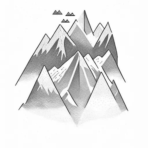 A detailed blackwork tattoo of a majestic mountain range with a hidden hiking trail winding through it tattoo design idea