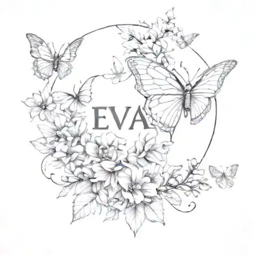 the name eva with flowers and butterflies fluttering tattoo design idea