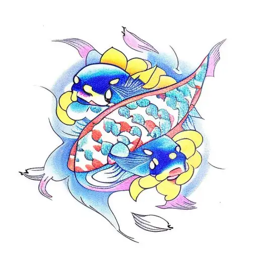 two koi fish with flower crown and little stars  tattoo design idea