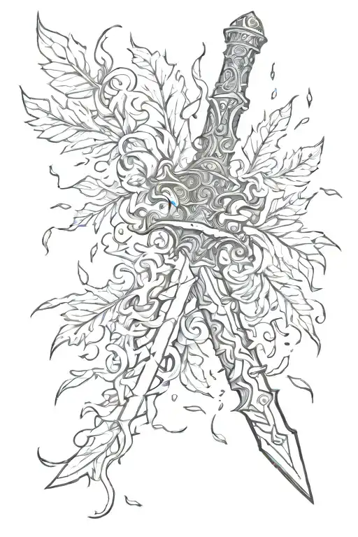 flaming sword wrapped in leaves falling tattoo design idea
