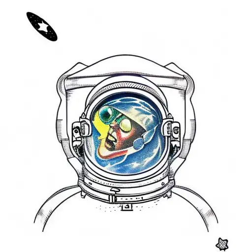 astronaut floating in space, earth reflecting in mask tattoo design idea
