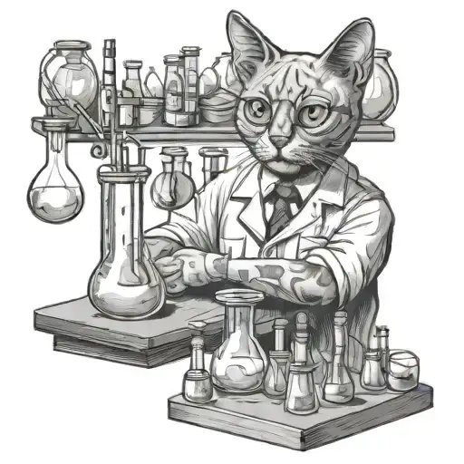 A laboratory technician working with test tubes and beakers, with a cat sitting on the desk tattoo design idea