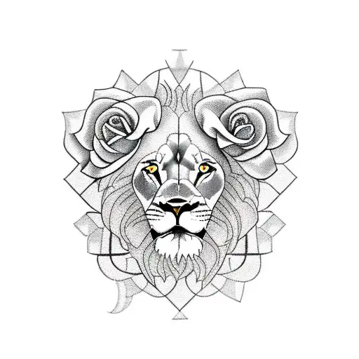 lion with clock and rose tattoo design idea