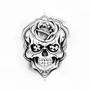 flaming skull with black roses tattoo design idea