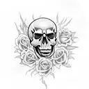 flaming skull with black roses tattoo design idea