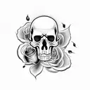 flaming skull with black roses tattoo design idea