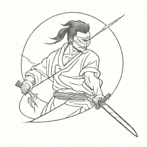blindfold hanging on samurai sword with lightning bolt in background tattoo design idea