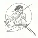 blindfold hanging on samurai sword with lightning bolt in background tattoo design idea