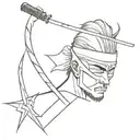 blindfold hanging on samurai sword with lightning bolt in background tattoo design idea