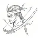blindfold hanging on samurai sword with lightning bolt in background tattoo design idea