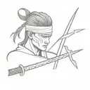 blindfold hanging on samurai sword with lightning bolt in background tattoo design idea
