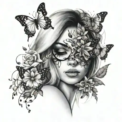 flowers and butterflies covering her eyes tattoo design idea
