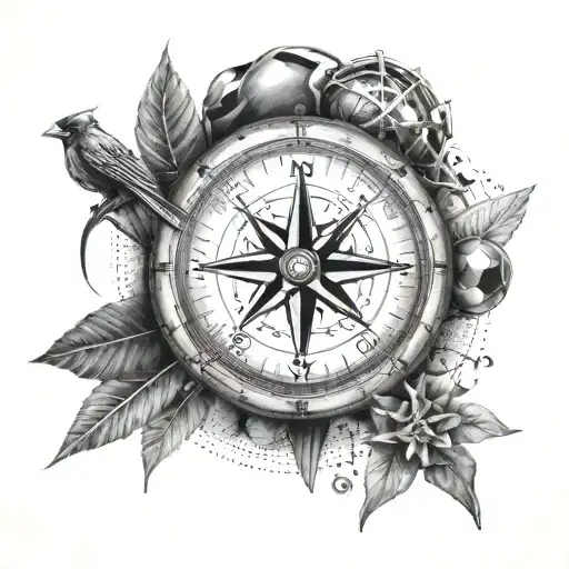 A compass rose with musical notes and sports gear as the cardinal directions tattoo design idea