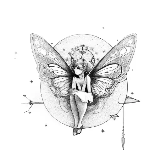 fairy sitting on cresant moon tattoo design idea