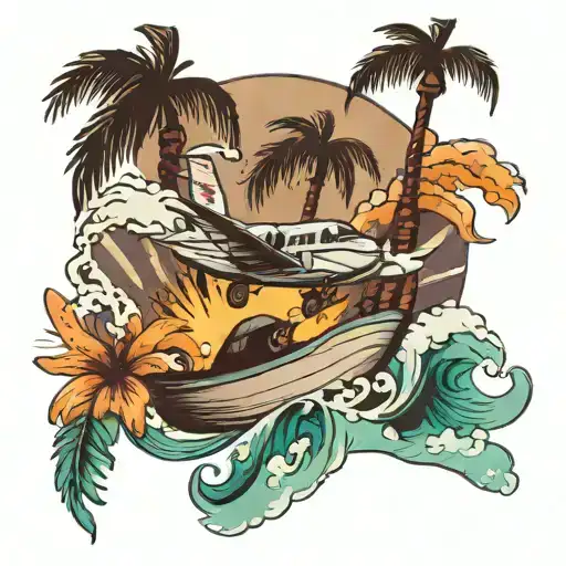 Plane, palm tree, wave merging tattoo design idea