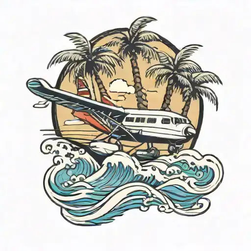 Plane, palm tree, wave tattoo design idea