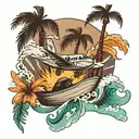 Plane, palm tree, wave merging tattoo design idea