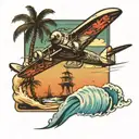 Plane, palm tree, wave merging tattoo design idea