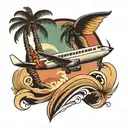 Plane, palm tree, wave merging tattoo design idea