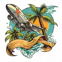 Plane, palm tree, wave merging tattoo design idea