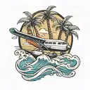 Plane, palm tree, wave tattoo design idea
