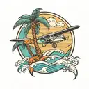 Plane, palm tree, wave tattoo design idea