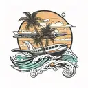 Plane, palm tree, wave tattoo design idea