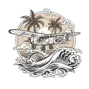 Plane, palm tree, wave tattoo design idea