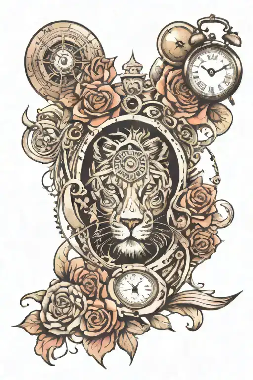 space scene, lion head, chest, clock, compas rose tattoo design idea