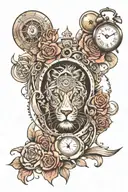 space scene, lion head, chest, clock, compas rose tattoo design idea