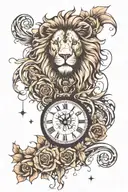space scene, lion head, chest, clock, compas rose tattoo design idea