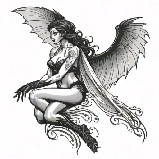A seductive silhouette of a sexy woman with raven wings and bat wings spread out behind her tattoo design idea