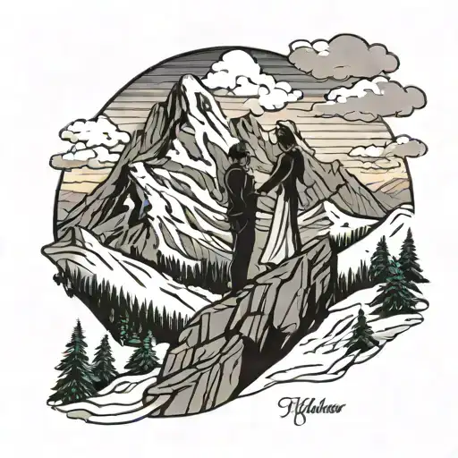 a suilhouette of a couple on a mountain peak with a backdrop of glacier and snow symbolizing our wedding day in whistler tattoo design idea