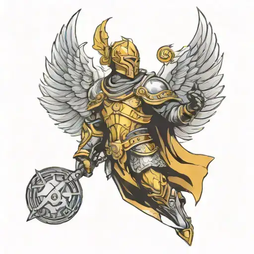 Paladin in holy light holding lightbringer and holy shield no red color only yellow black gray and white details  tattoo design idea