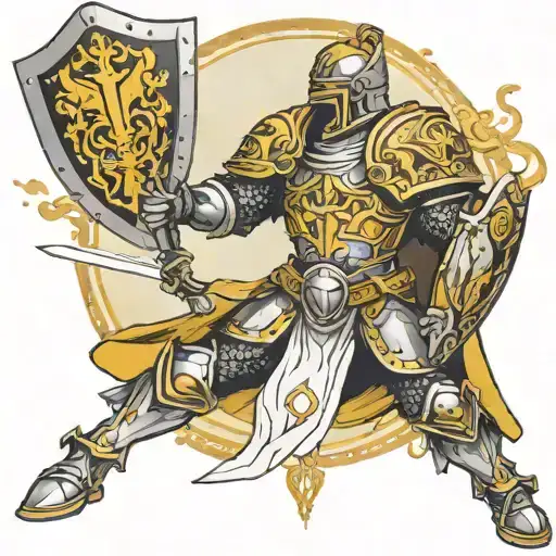 Paladin in holy light fighting with lightbringer and holy shield no red color only yellow black gray and white details  tattoo design idea