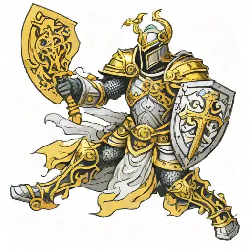 Paladin in holy light fighting with lightbringer and holy shield no red color only yellow black gray and white details  tattoo design idea