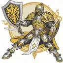Paladin in holy light fighting with lightbringer and holy shield no red color only yellow black gray and white details  tattoo design idea