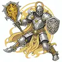 Paladin in holy light fighting with lightbringer and holy shield no red color only yellow black gray and white details  tattoo design idea