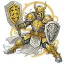 Paladin in holy light fighting with lightbringer and holy shield no red color only yellow black gray and white details  tattoo design idea