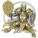Paladin in holy light fighting with lightbringer and holy shield no red color only yellow black gray and white details  tattoo design idea