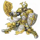 Paladin in holy light fighting with lightbringer and holy shield no red color only yellow black gray and white details  tattoo design idea