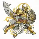 Paladin in holy light fighting with lightbringer and holy shield no red color only yellow black gray and white details  tattoo design idea