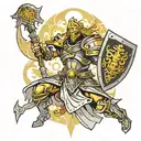 Paladin in holy light fighting with lightbringer and holy shield no red color only yellow black gray and white details  tattoo design idea