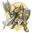 Paladin in holy light fighting with lightbringer and holy shield no red color only yellow black gray and white details  tattoo design idea