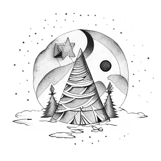 Tent with tree, mountain, stars, moon, planet and shooting star tattoo design idea